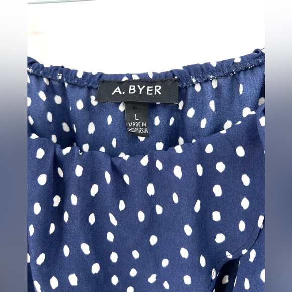 A. Byer Navy Polka Dot Off the Shoulder Long Sleeve Blouse Size Large - Picture 3 of 14